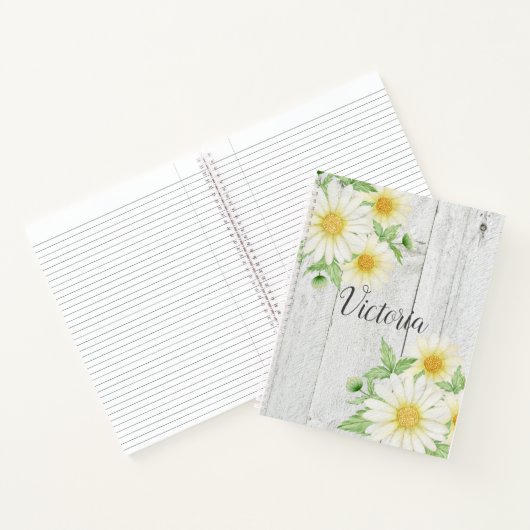 Daisies Floral Personalized Script Rustic Notitieboek (Binnen)
