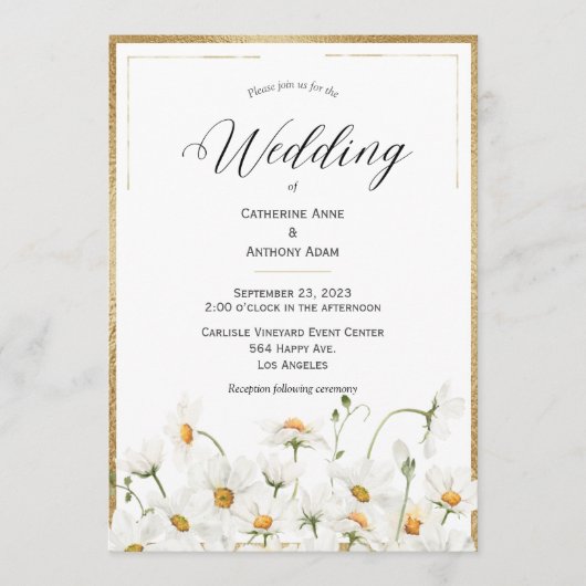Daisies Floral Waterverf Gold Wedding Kaart (Voorkant)