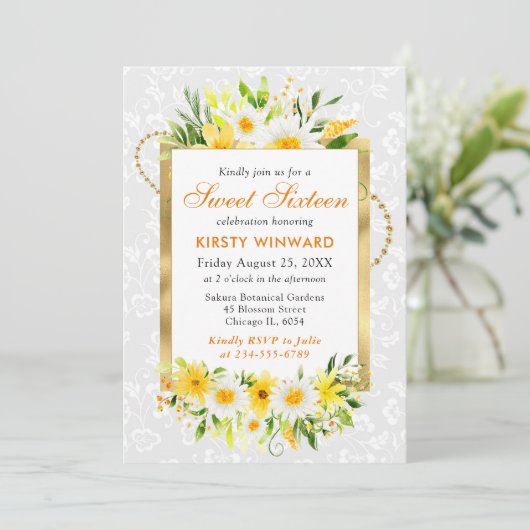 Daisies & Geel Zomer Bloemen Gouden Folie Zoet 16 Kaart (Staand voorkant)