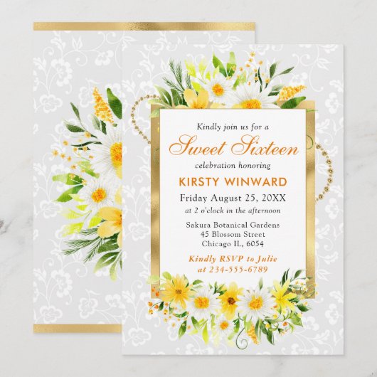 Daisies & Geel Zomer Bloemen Gouden Folie Zoet 16 Kaart (Voorkant / Achterkant)