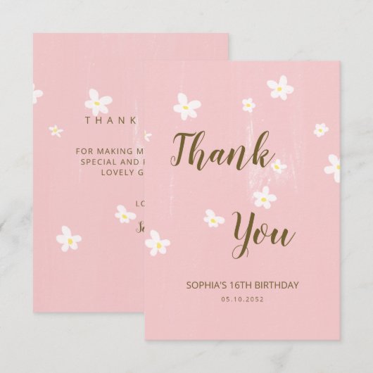 Daisies Girly Roze Schattigee Kalligrafie Lente Bl Bedankkaart (Voorkant / Achterkant)