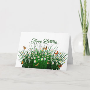 Daisies Green Grass Oranje Butterflies Birthday Kaart