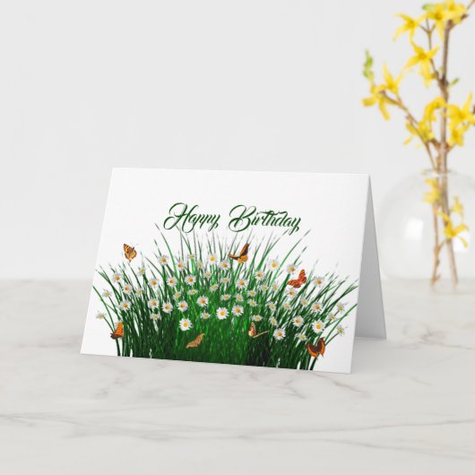 Daisies Green Grass Sinaasappel Vlinders Verjaarda Kaart (Gele Bloem)