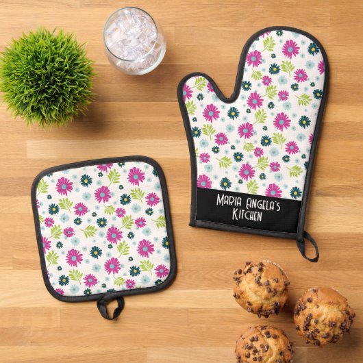 Daisies grillig gestileerd bloemmotief ovenwant & pannenlap set (Top down)