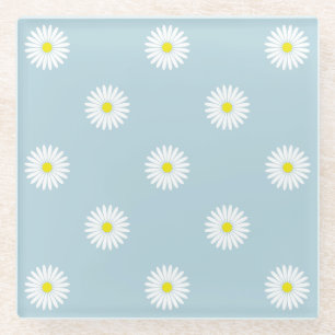 Daisies Illustratief Patroon op Bord Blue Glass Co Glazen Onderzetter