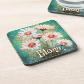 Daisies Impressionistic Floral Teal Personalized Bier Onderzetter (Linkerzijde)