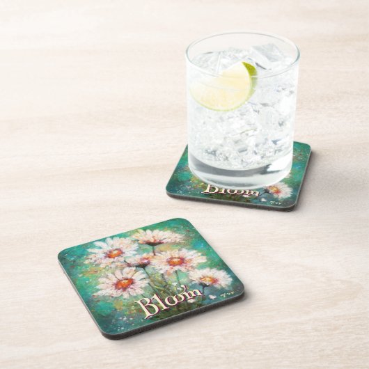 Daisies Impressionistic Floral Teal Personalized Bier Onderzetter (Rechterzijde)
