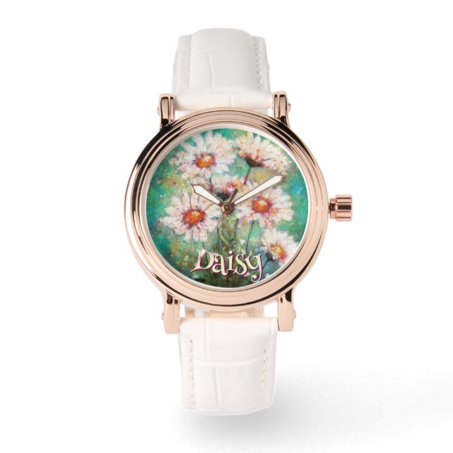 Daisies Impressionistic Floral Teal Personalized Horloge (Voorkant)