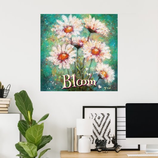 Daisies Impressionistic Floral Teal Personalized Poster (Thuiskantoor)