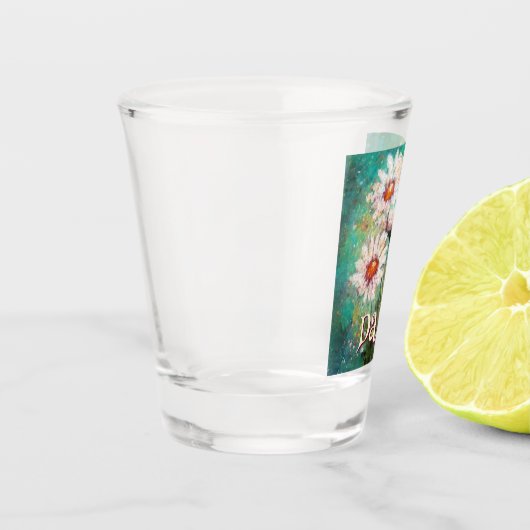 Daisies Impressionistic Floral Teal Personalized Shot Glas (Links)