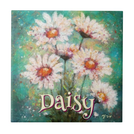 Daisies Impressionistic Floral Teal Personalized Tegeltje (Voorkant)
