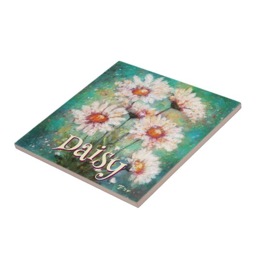 Daisies Impressionistic Floral Teal Personalized Tegeltje (Zijkant)