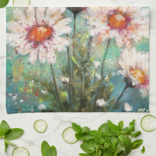 Daisies Impressionistic Floral Teal Personalized Theedoek (Gevouwen)
