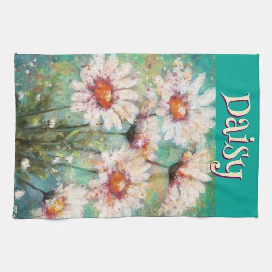 Daisies Impressionistic Floral Teal Personalized Theedoek (Horizontaal)