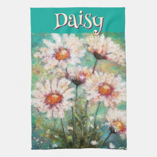 Daisies Impressionistic Floral Teal Personalized Theedoek (Verticaal)