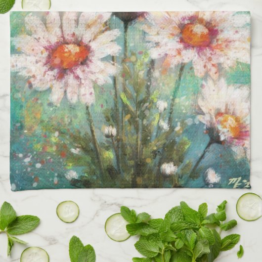Daisies Impressionistic Floral Teal Personalized Theedoek (Gevouwen)