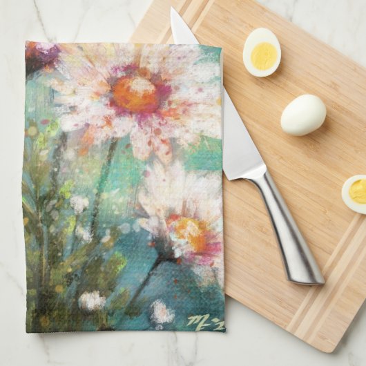 Daisies Impressionistic Floral Teal Personalized Theedoek (Quarter Fold)
