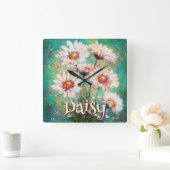 Daisies Impressionistic Floral Teal Personalized Vierkante Klok (Huis)