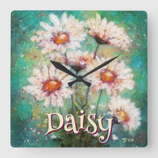 Daisies Impressionistic Floral Teal Personalized Vierkante Klok (Voorkant)