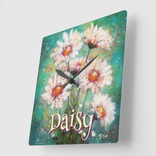 Daisies Impressionistic Floral Teal Personalized Vierkante Klok (Hoek)