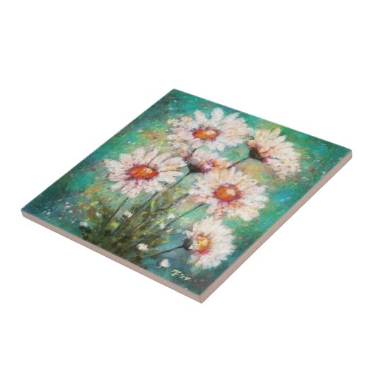 Daisies Impressionistisch Bloemenschilderij Blauwg Tegeltje (Zijkant)