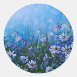 Daisies in Profusion, Witte madeliefjes veld, Bloe Ronde Sticker