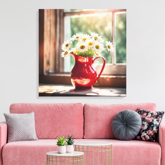 Daisies in rode pitcher door zonnig raam canvas afdruk (Insitu (Woonkamer))