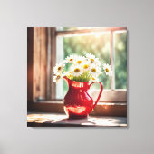 Daisies in rode pitcher door zonnig raam canvas afdruk (Voorkant)