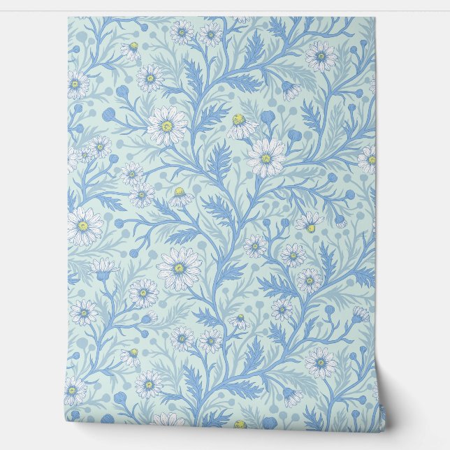 Daisies in white and blue on sea glass behang (Afrollen)