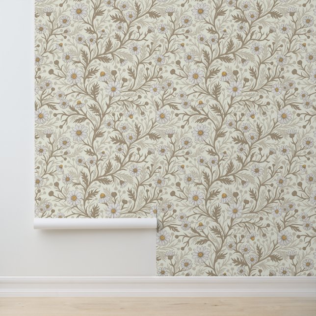 Daisies in white and brown on off white behang (Applicatie)