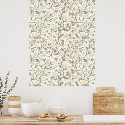 Daisies in white and brown on off white poster (Keuken)