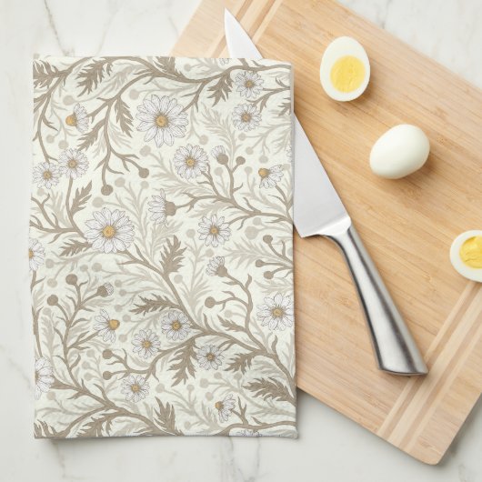 Daisies in white and brown on off white theedoek (Quarter Fold)