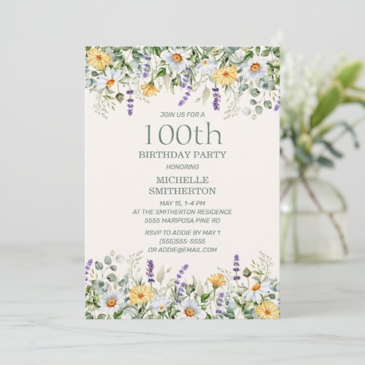 Daisies Lavendel Gele Wildbloemen 100e verjaardag Kaart (Staand voorkant)