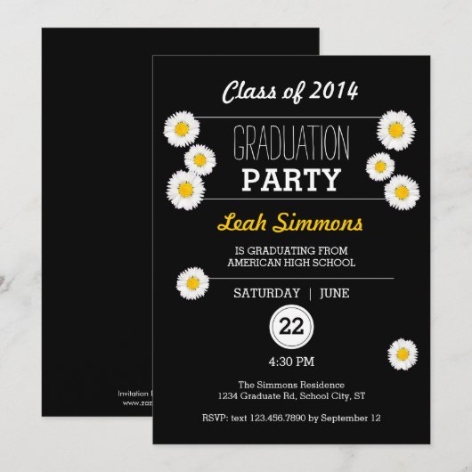 Daisies on Black Afstuderen Invitation Kaart (Voorkant / Achterkant)