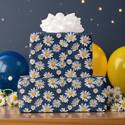 Daisies on Blue Denim Birthday  Cadeaupapier