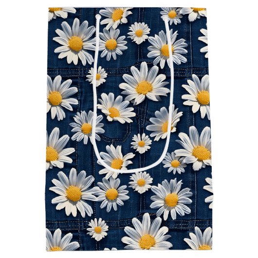 Daisies on Blue Denim Birthday  Medium Cadeauzakje (Achterkant)