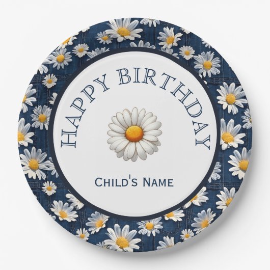 Daisies on Blue Denim Birthday  Papieren Bordje (Voorkant)