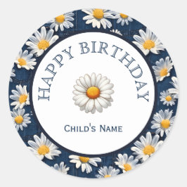 Daisies on Blue Denim Birthday  Ronde Sticker