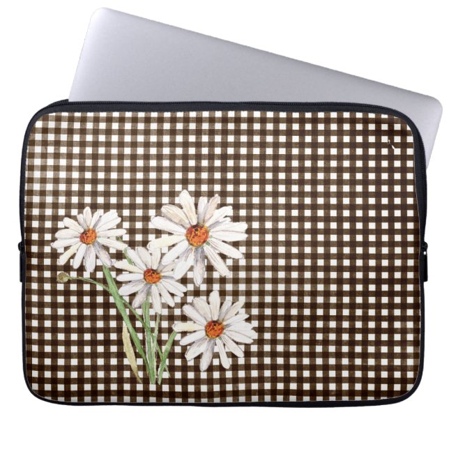Daisies on Brown Gingham Laptop Sleeve (Voorkant)