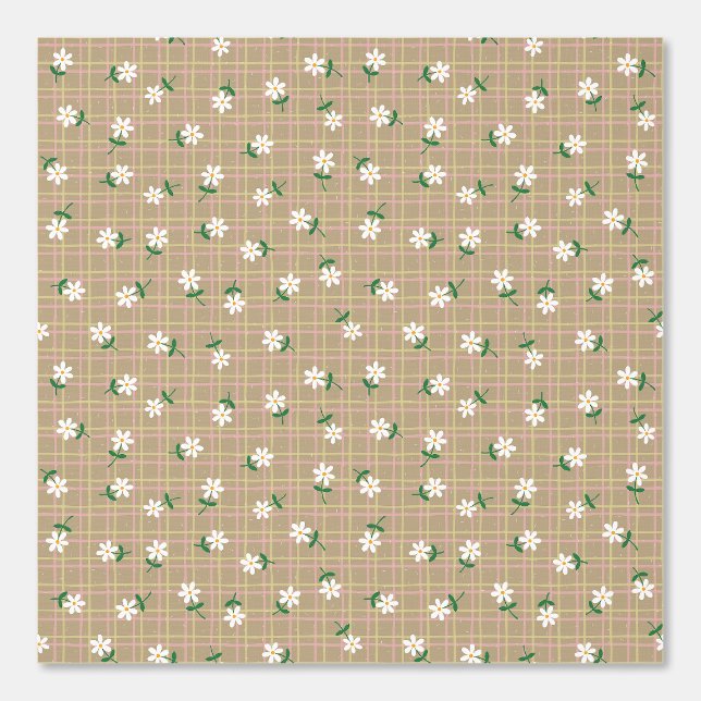 Daisies on Brown Plaid (medium scale) Behang (Voorkant)
