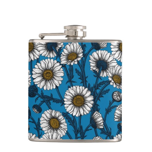 Daisies op blauw heupfles (Voorkant)