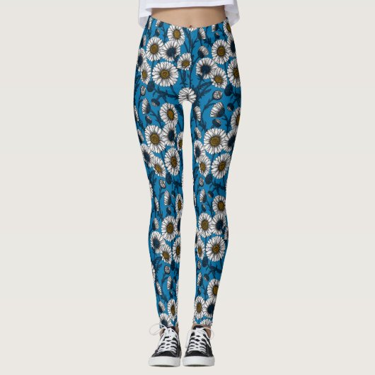 Daisies op blauw leggings (Voorkant)