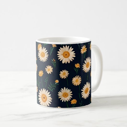 Daisies op mokken ontwerppatroon op diepblauw (Voorkant rechts)