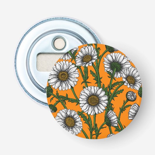 Daisies op sinaasappel button flesopener (Voorkant)