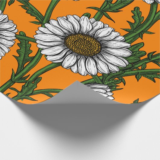Daisies op sinaasappel cadeaupapier (Hoek)