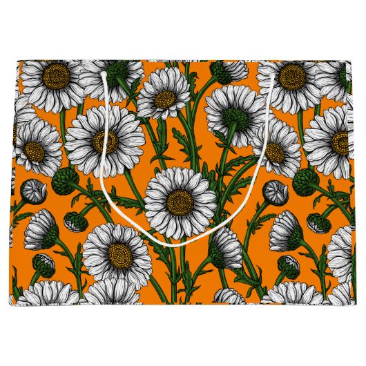 Daisies op sinaasappel groot cadeauzakje (Voorkant)