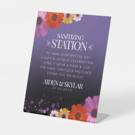 Daisies Paarse Glitter Wedding Sanitizing Station Reclamebord Met Voetstuk