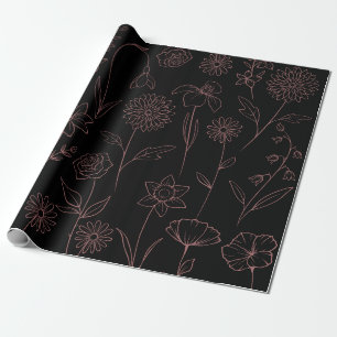 Daisies Poppies Larkspur Garden Pattern Pink Black Cadeaupapier