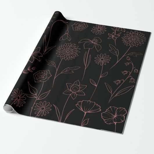 Daisies Poppies Larkspur Garden Pattern Pink Black Cadeaupapier (Uitgerold)