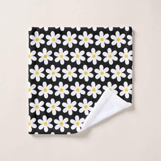 Daisies Retro Floral Pattern White Black Bad Handdoek (Wasdoekje)